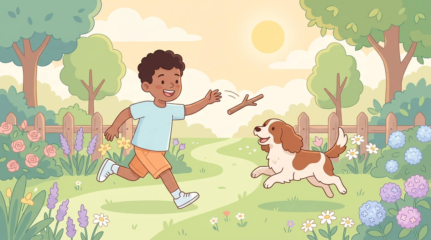 Karim court dans un jardin avec son chien Rocky